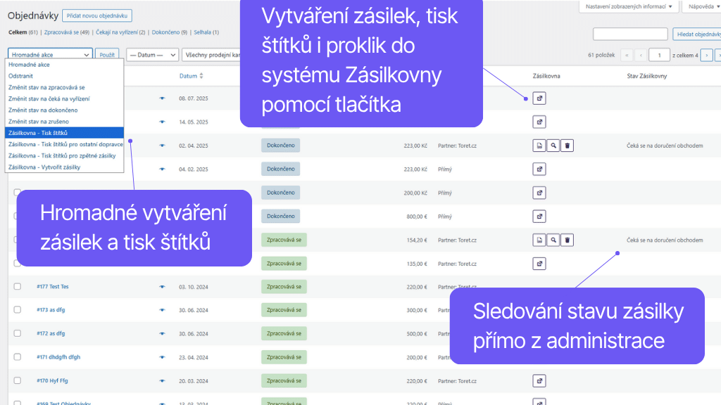 Toret plugin WooCommerce Zásilkovna - funkce v přehledu objednávek