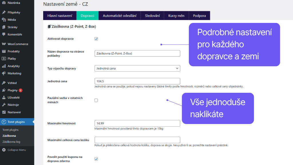 Toret plugin WooCommerce Zásilkovna - nastavení dopravce