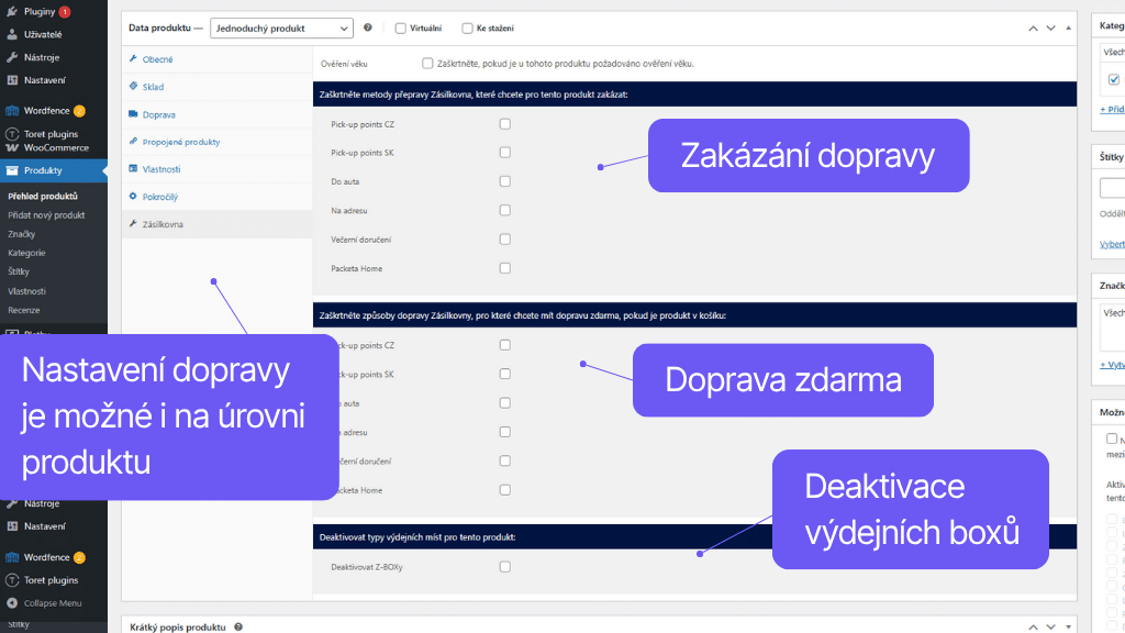 Toret plugin WooCommerce Zásilkovna - nastavení dopravy na úrovni produktu