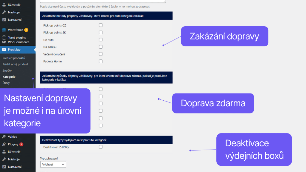 Toret plugin WooCommerce Zásilkovna - nastavení dopravy pro kategorie