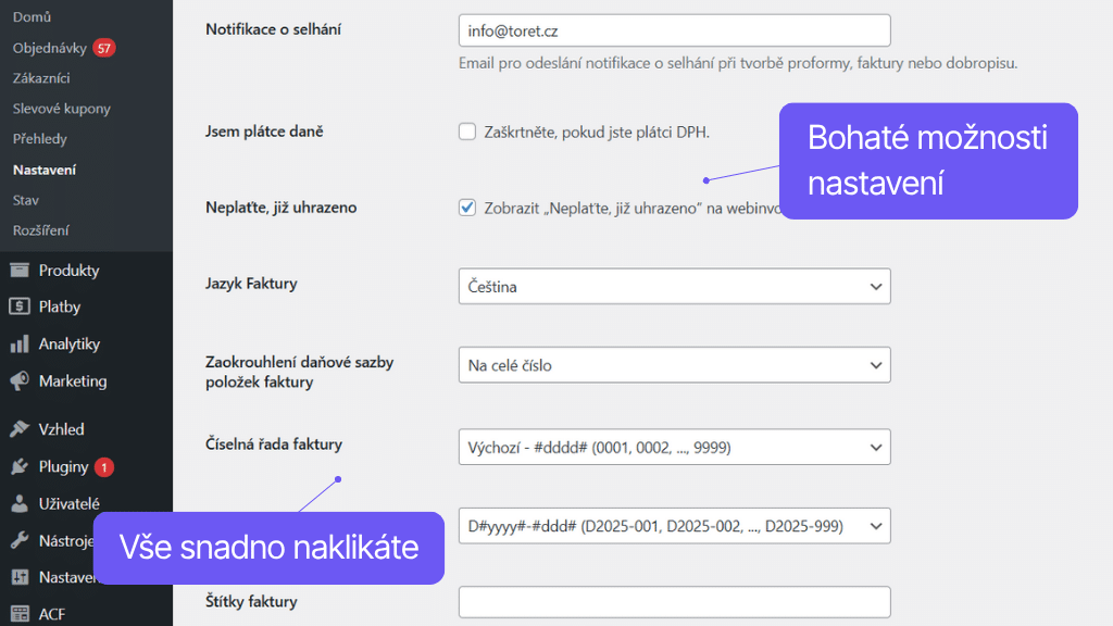 WooCommerce plugin Fakturoid - bohaté možnosti nastavení