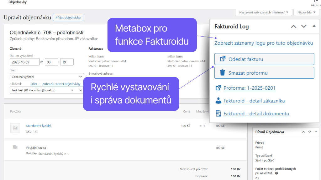 WooCommerce plugin Fakturoid - funkce v detailu objednávky