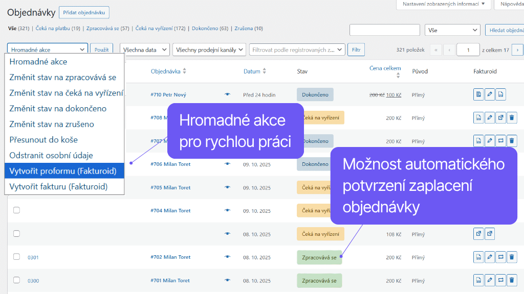 WooCommerce plugin Fakturoid - funkce v přehledu objednávek (2)