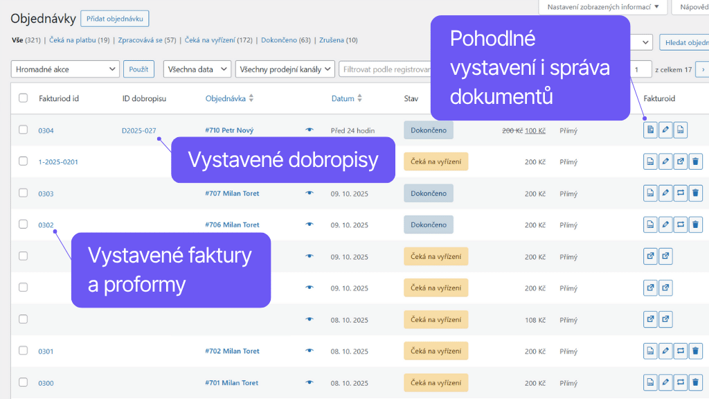 WooCommerce plugin Fakturoid - funkce v přehledu objednávek