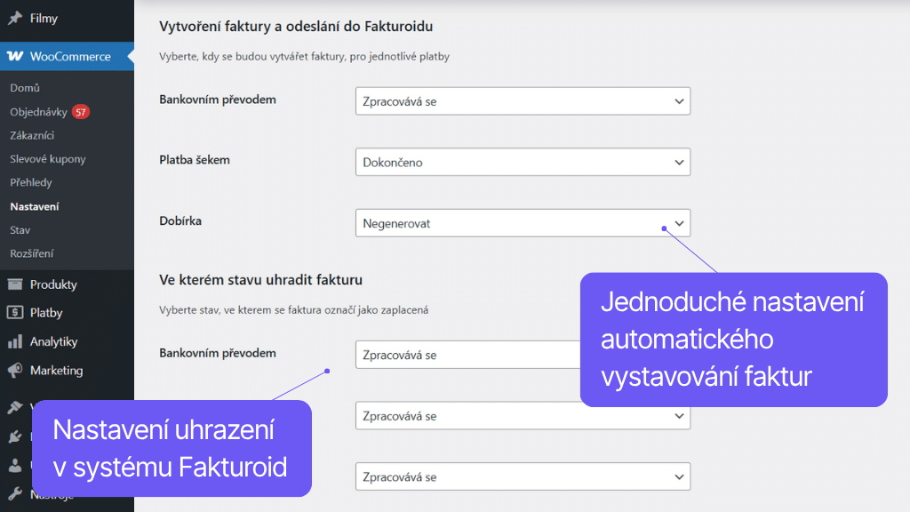 WooCommerce plugin Fakturoid - nastavení automatizace