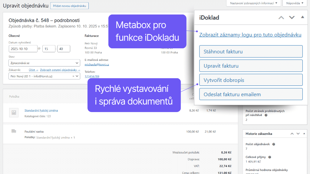 WooCommerce plugin iDoklad - funkce v detailu objednávky
