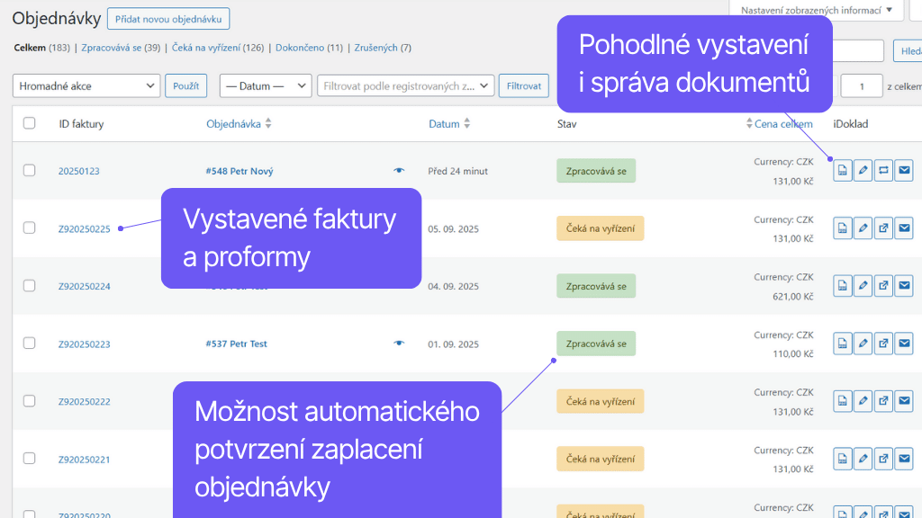 WooCommerce plugin iDoklad - funkce v přehledu objednávek