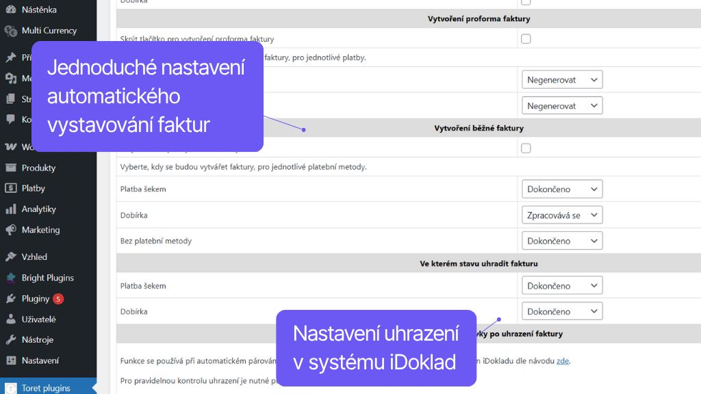 WooCommerce plugin iDoklad - nastavení automatizace vystavování faktur