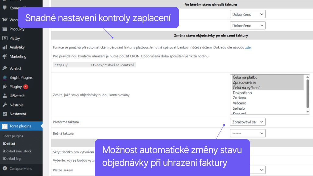 WooCommerce plugin iDoklad - nastavení kontroly uhrazení