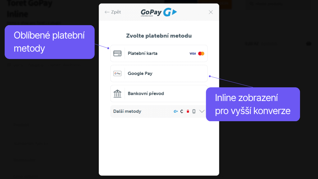 Plugin GoPay pro WooCommerce - výběr metody v bráně