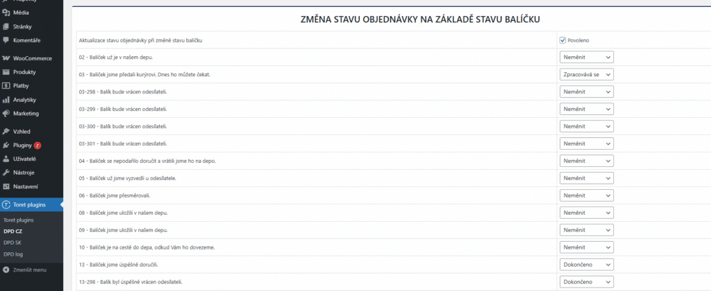 Nastavení automatické změny stavu objednávky v pluginu DPD