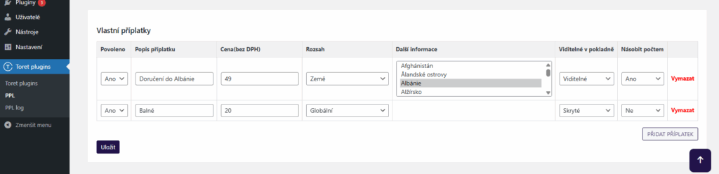 Plugin PPL - nastavení příplatku dle země