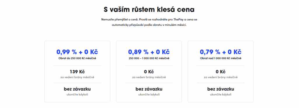 Ukázka ceníku platební brány thePay