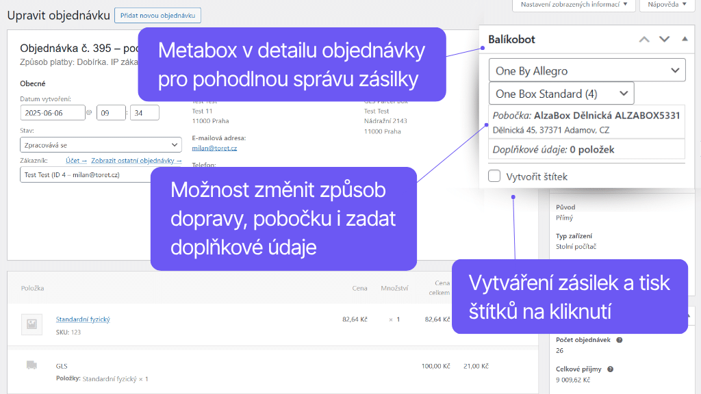 Plugin Toret Balíkobot pro WooCommerce - detail objednávky