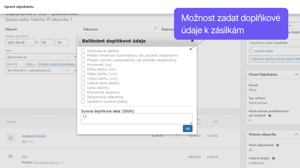 Plugin Toret Balíkobot pro WooCommerce - doplňkové údaje k zásilkám