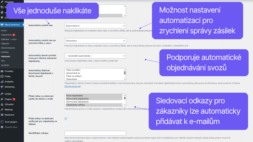 Plugin Toret Balíkobot pro WooCommerce - nastavení