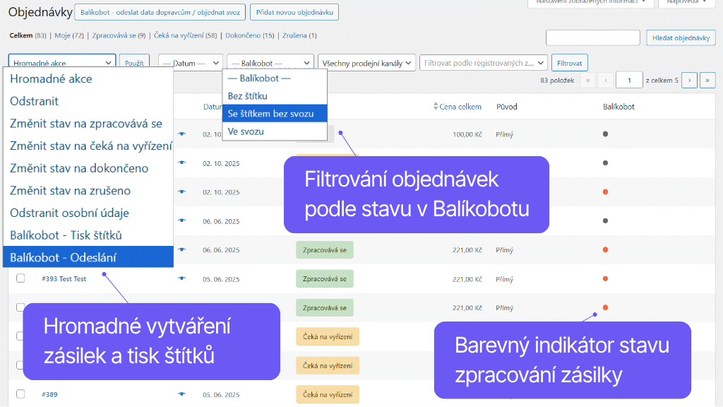 Plugin Toret Balíkobot pro WooCommerce - přehled objednávek