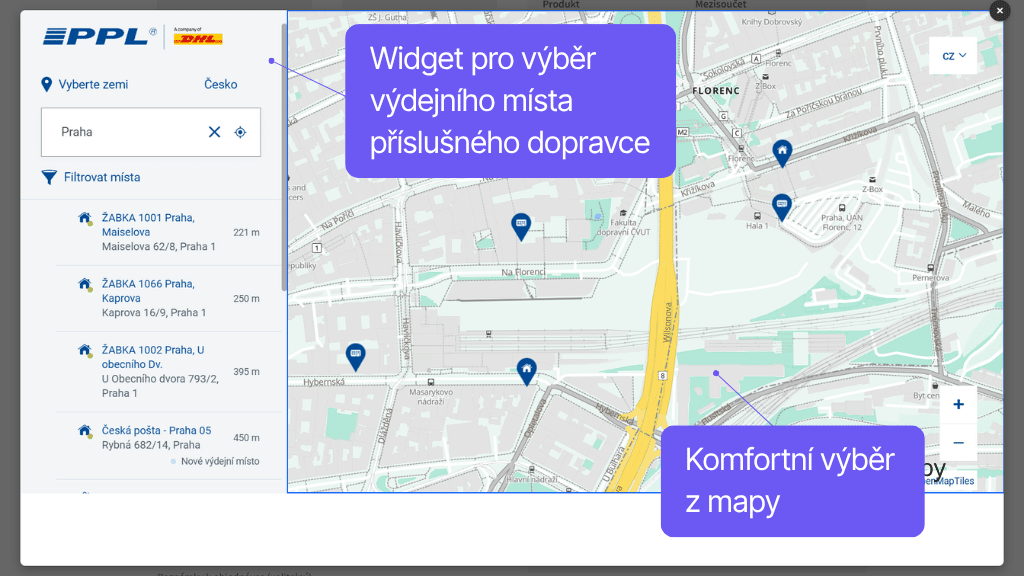 Plugin Toret Balíkobot pro WooCommerce - widget s mapou