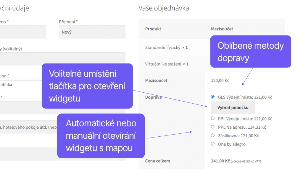 Plugin Toret Balíkobot pro WooCommerce - zobrazení v pokladně