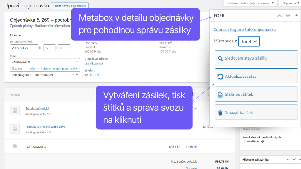 Plugin Toret FOFR pro WooCommerce - detail objednávky