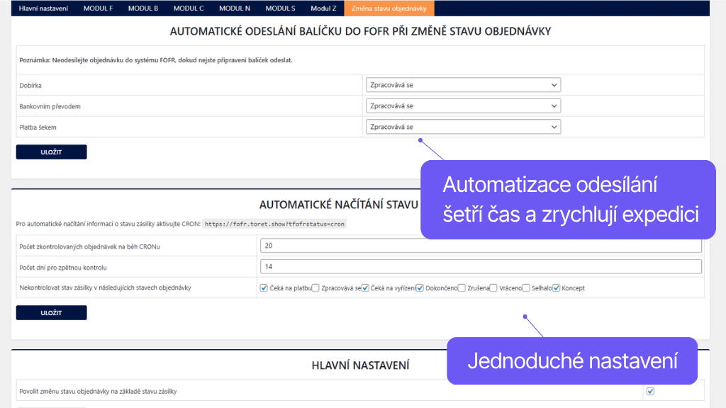 Plugin Toret FOFR pro WooCommerce - nastavení automatizace