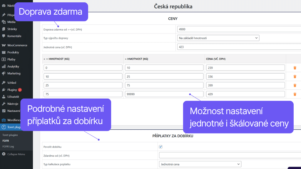 Plugin Toret FOFR pro WooCommerce - nastavení ceny dopravy