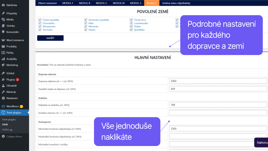 Plugin Toret FOFR pro WooCommerce - nastavení dopravy