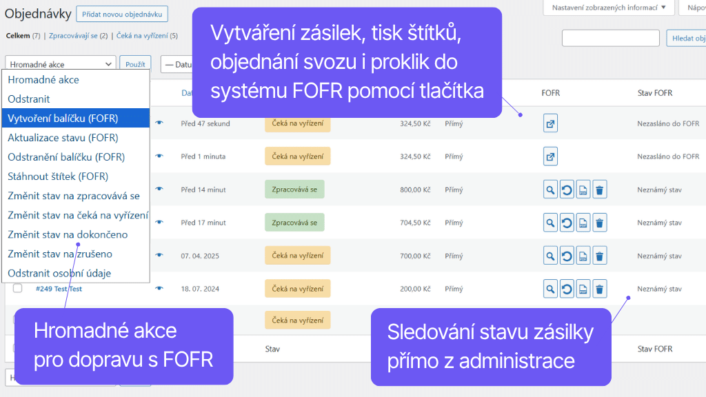 Plugin Toret FOFR pro WooCommerce - přehled objednávek