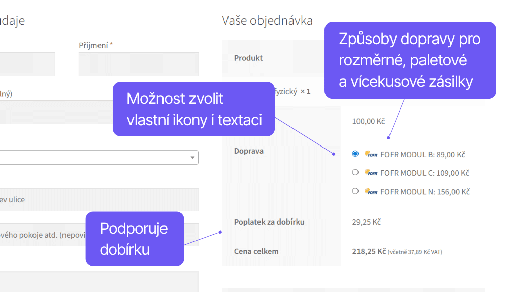 Plugin Toret FOFR pro WooCommerce - zobrazení v pokladně