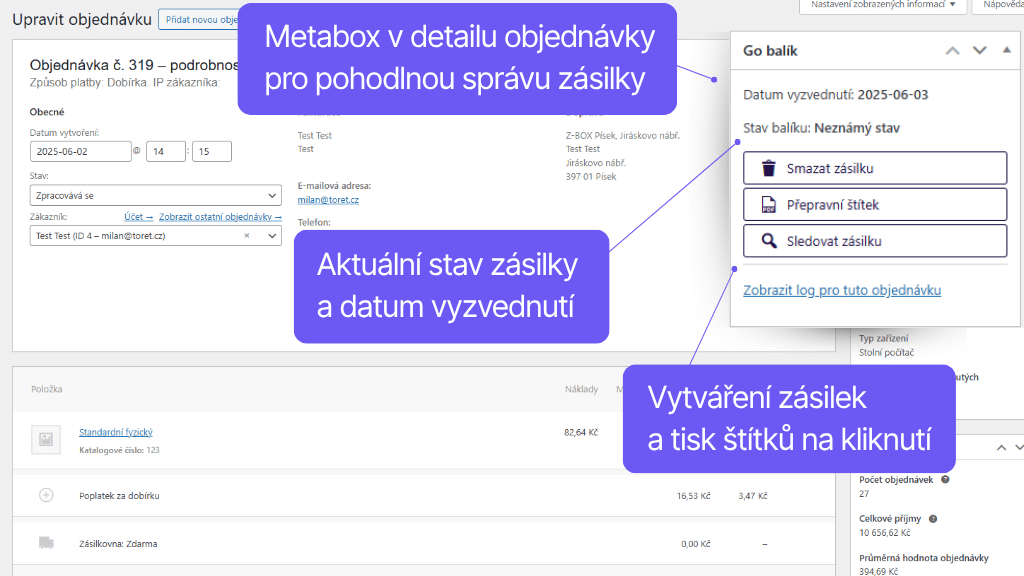 Plugin Toret GO balík pro WooCommerce - detail objednávky