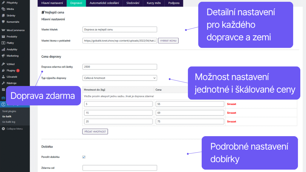 Plugin Toret GO balík pro WooCommerce - nastavení ceny