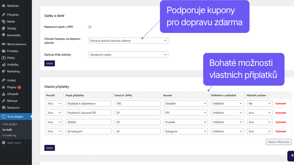 Plugin Toret GO balík pro WooCommerce - nastavení příplatků