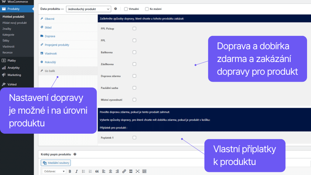 Plugin Toret GO balík pro WooCommerce - nastavení pro produkt