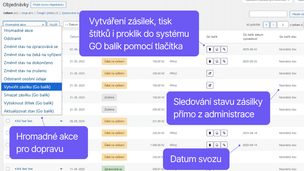 Plugin Toret GO balík pro WooCommerce - přehled objednávek
