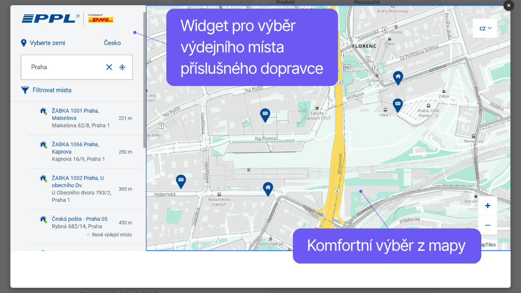 Plugin Toret GO balík pro WooCommerce - widget s mapou