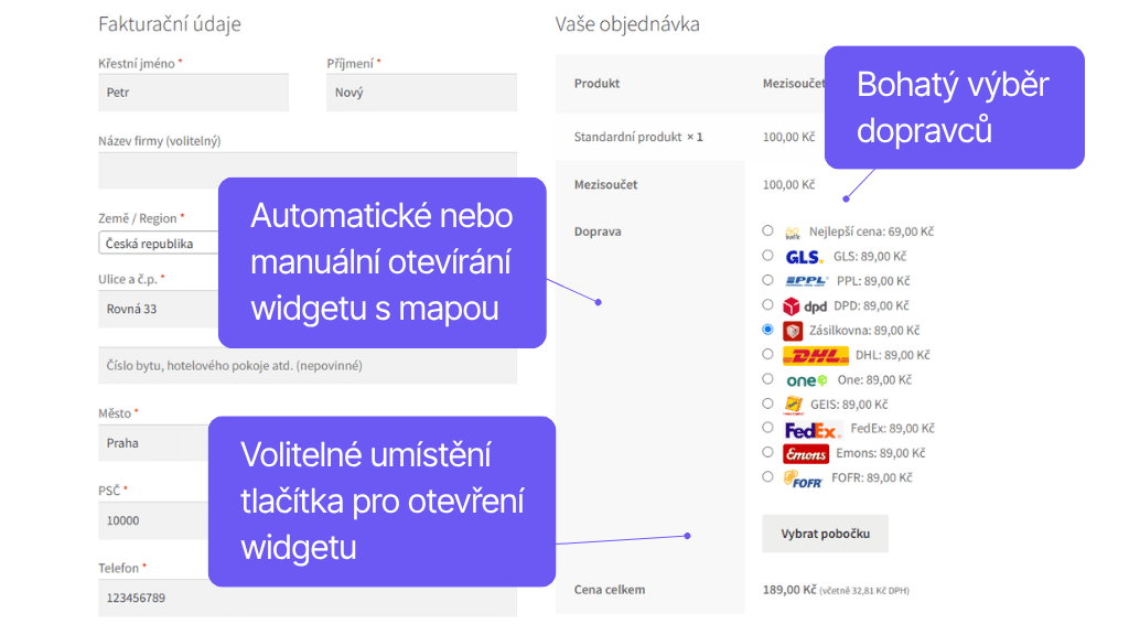 Plugin Toret GO balík pro WooCommerce - zobrazení v pokladně
