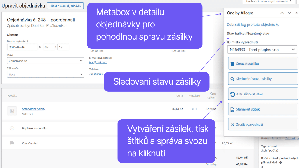Plugin Toret One by Allegro pro WooCommerce - detail objednávky