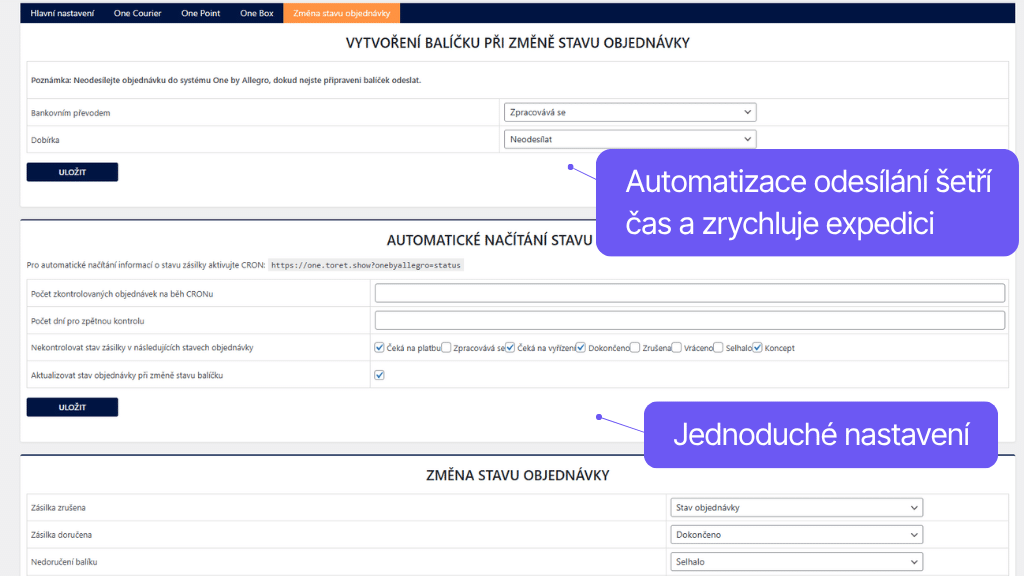 Plugin Toret One by Allegro pro WooCommerce - nastavení automatizací