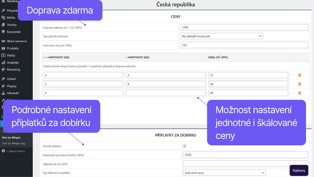 Plugin Toret One by Allegro pro WooCommerce - nastavení ceny dopravy a dobírky