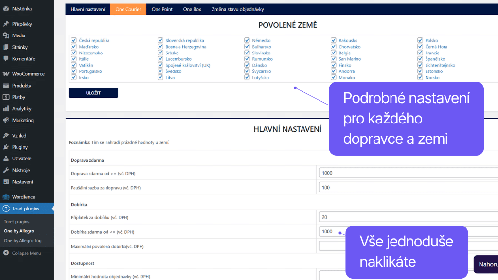 Plugin Toret One by Allegro pro WooCommerce - nastavení dopravy
