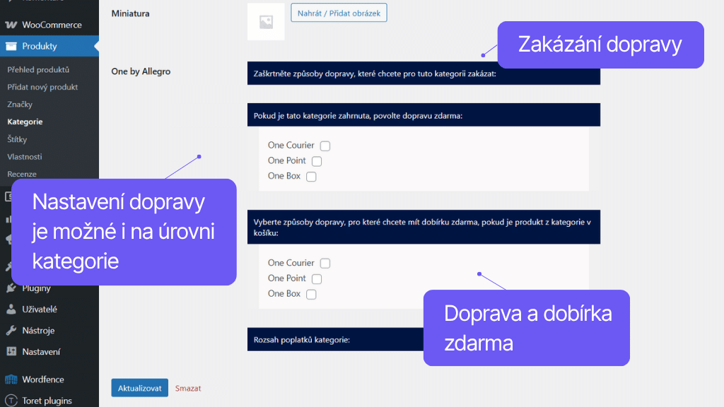Plugin Toret One by Allegro pro WooCommerce - nastavení na úrovni kategorie