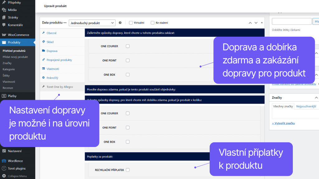 Plugin Toret One by Allegro pro WooCommerce - nastavení na úrovni produktu