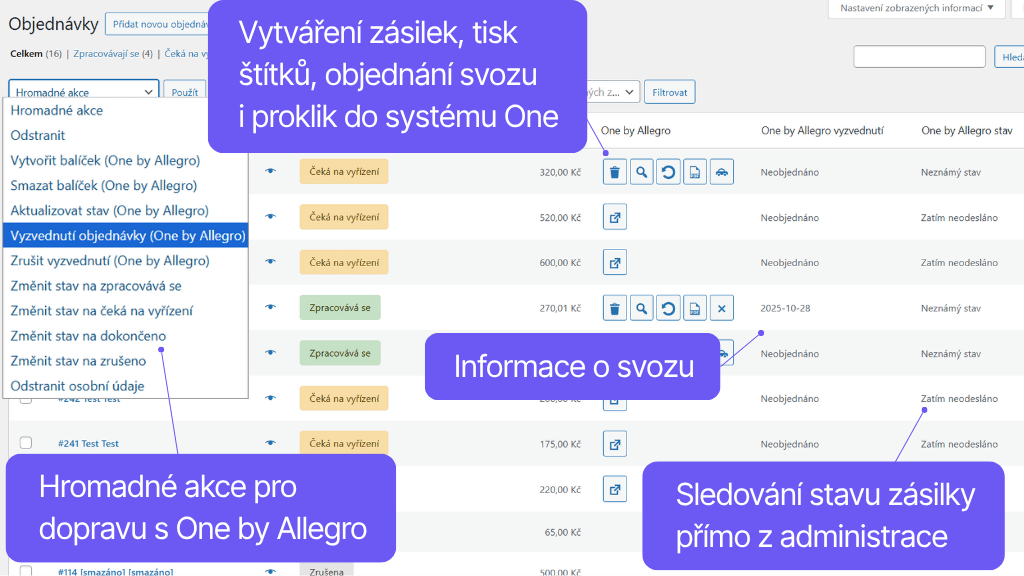 Plugin Toret One by Allegro pro WooCommerce - přehled objednávek