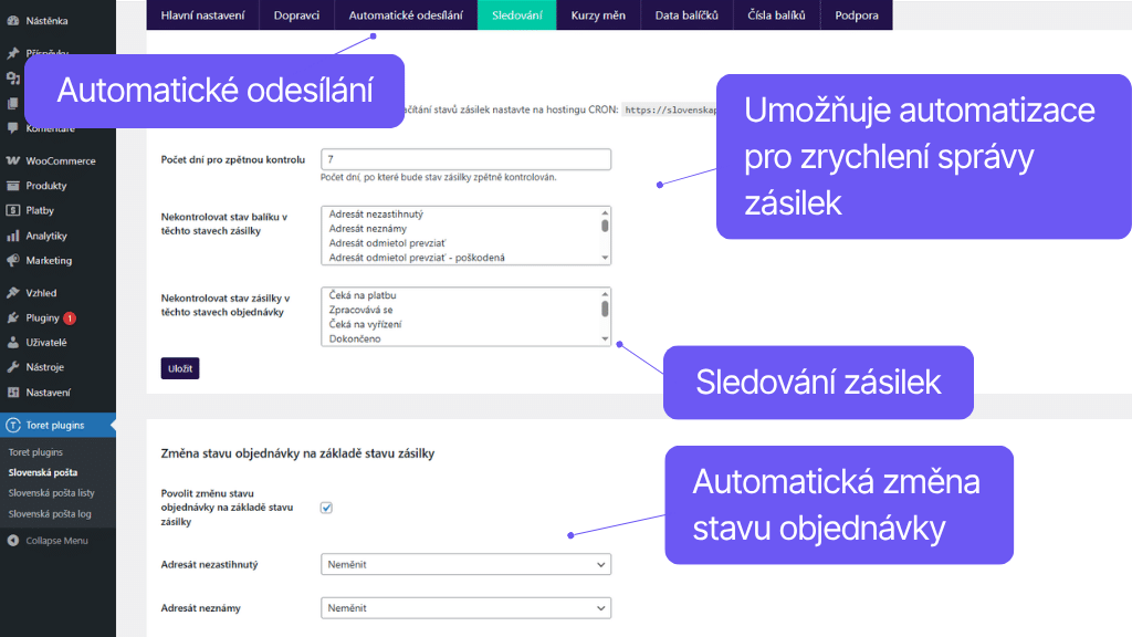 Plugin Toret Slovenská pošta - nastavení automatizace
