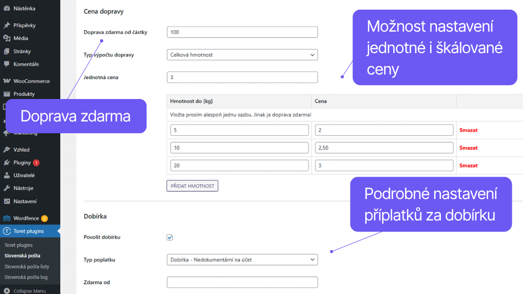 Plugin Toret Slovenská pošta - nastavení ceny