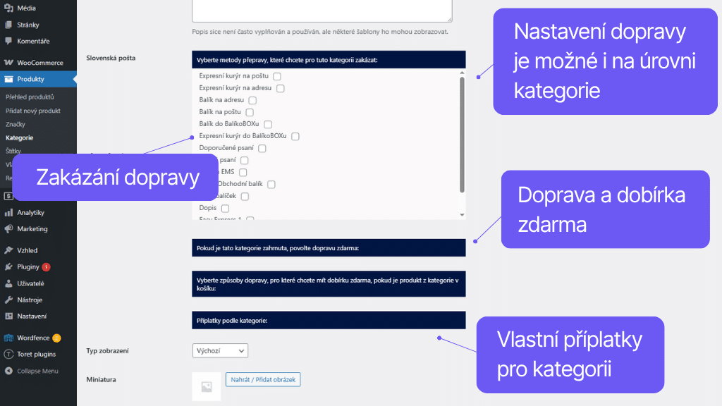 Plugin Toret Slovenská pošta - nastavení pro kategorii