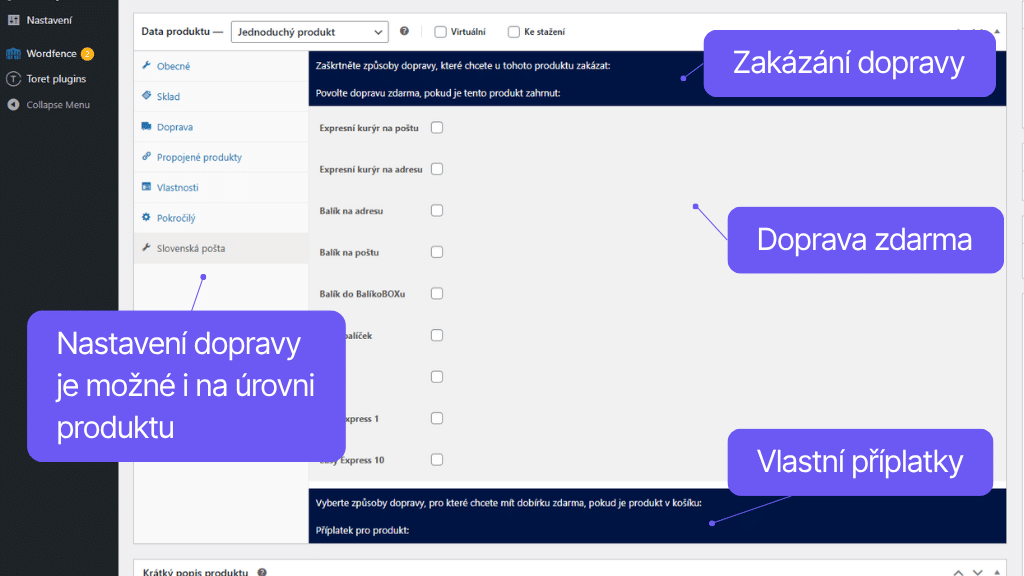 Plugin Toret Slovenská pošta - nastavení pro produkt