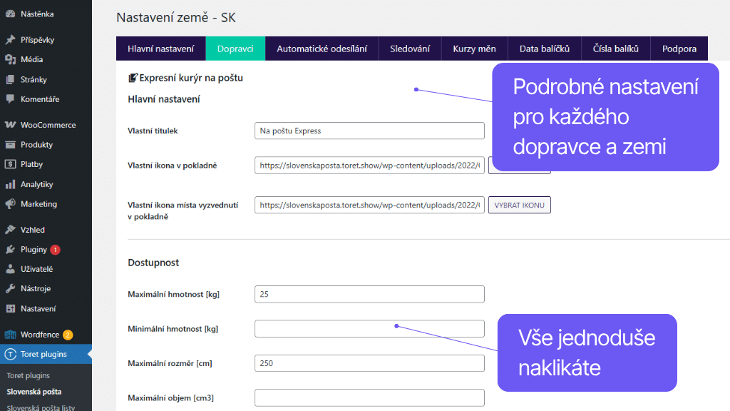 Plugin Toret Slovenská pošta - nastavení