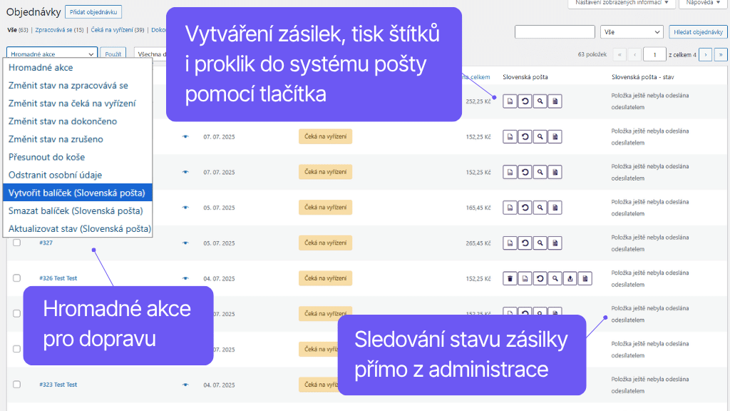 Plugin Toret Slovenská pošta - přehled objednávek