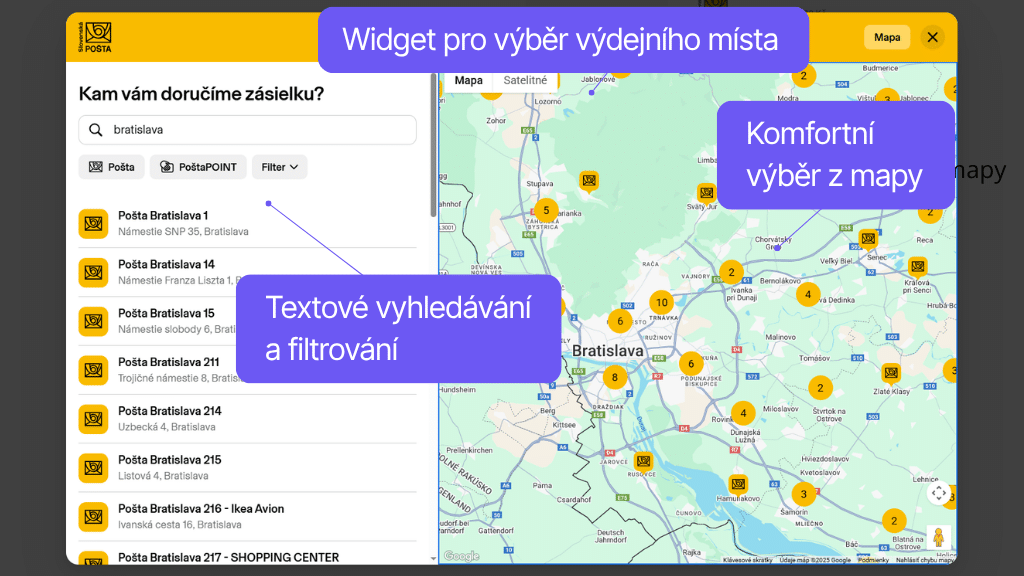 Plugin Toret Slovenská pošta - widget s mapou